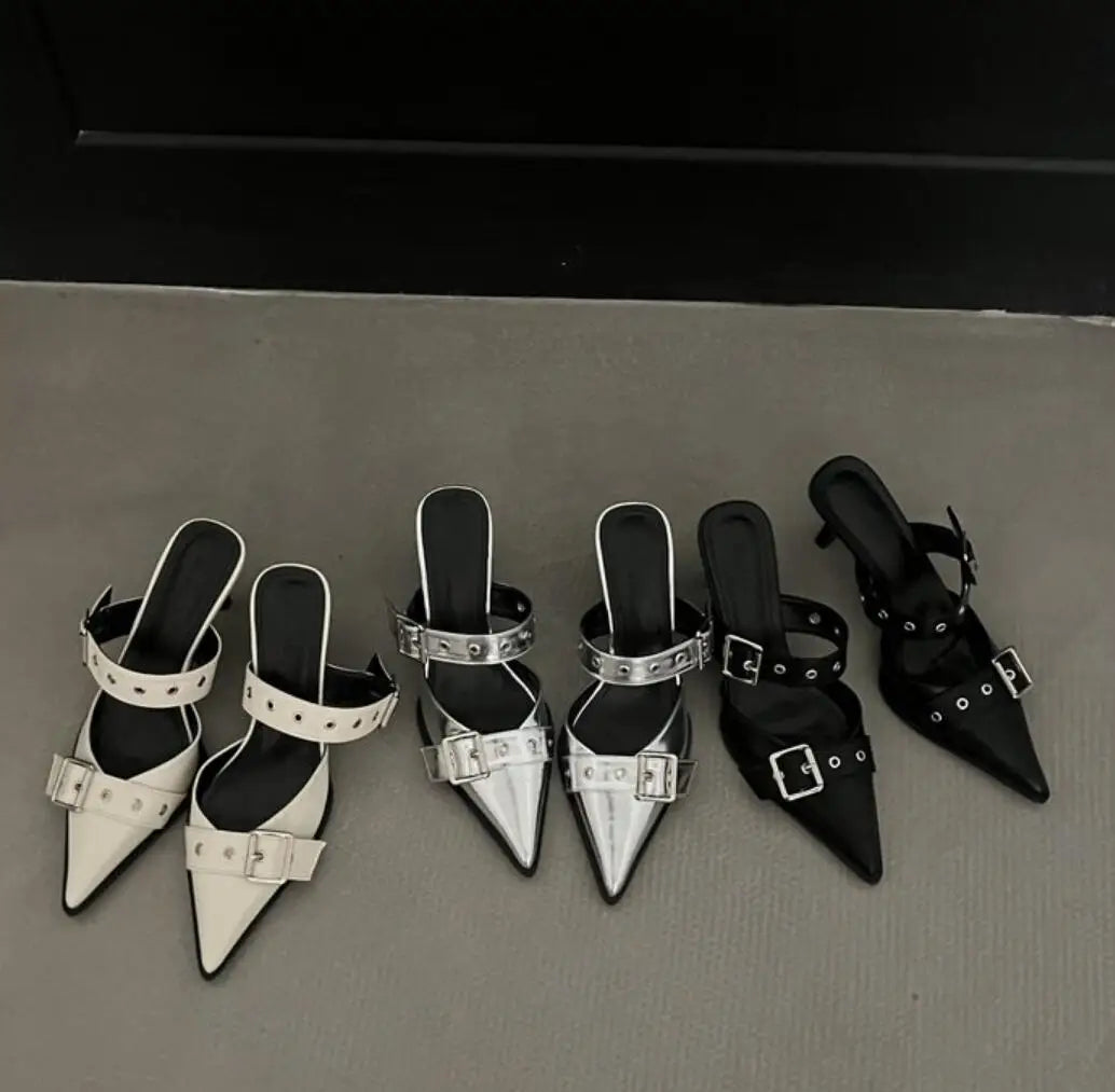 Metal Buckle High Heel Sandals Pointed Toe Thin Heels Sandals.