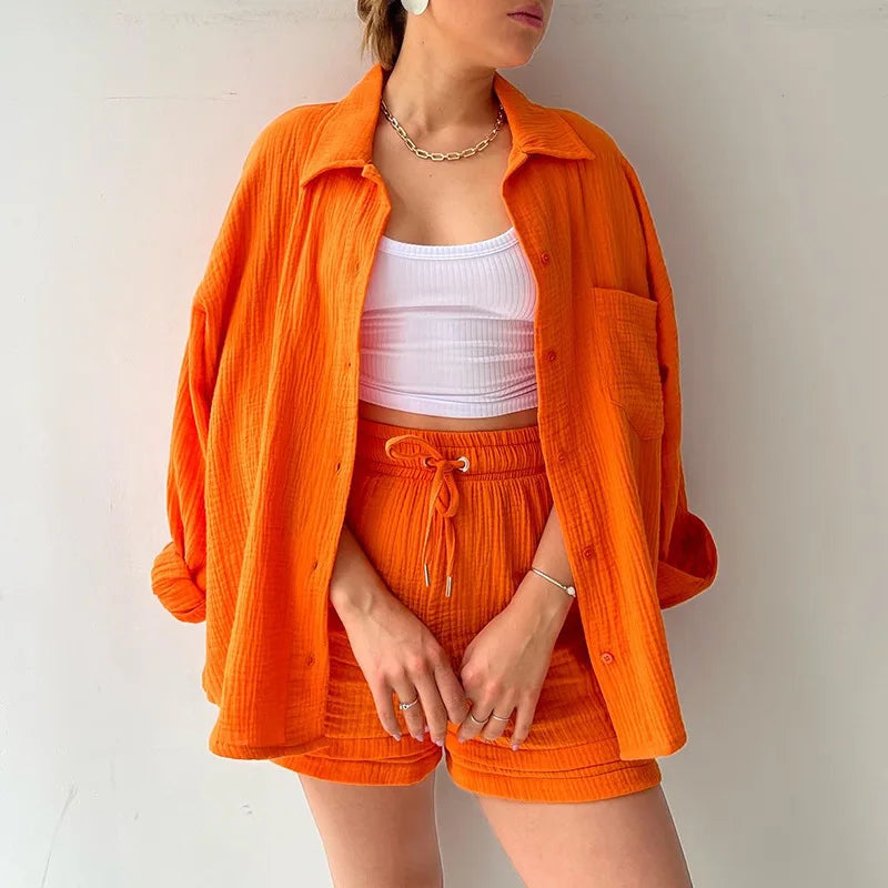 Ladies Shorts And Single Breasted Cardigan Blouse Two Piece Shorts And Loose Button Up. S-2x