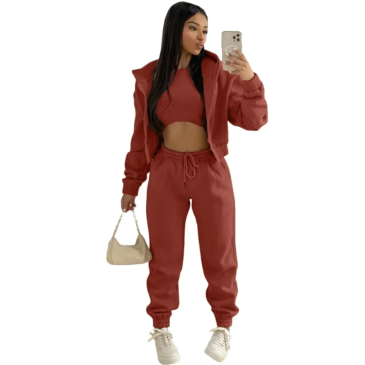 3pcs Women's Clothing Set Fleece-lined Hooded Sweater & Sleeveless Tank Top & Sweatpants Pants. S-2x