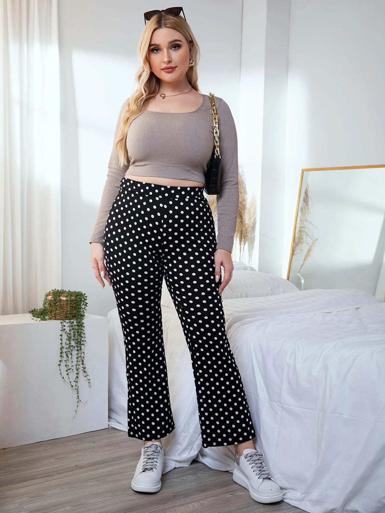 Women plus-size polka dot trousers wide leg pants