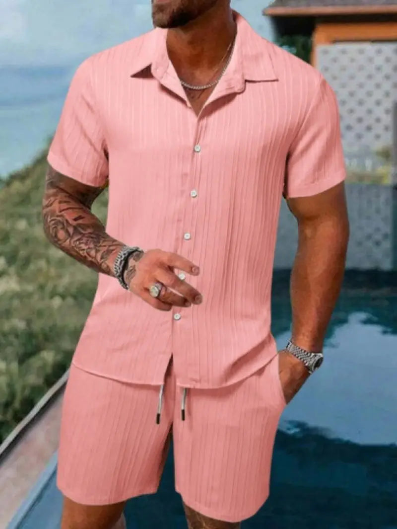 Spring and summer European Style new men's striped jacquard loose shorts and shirt set. S-3x