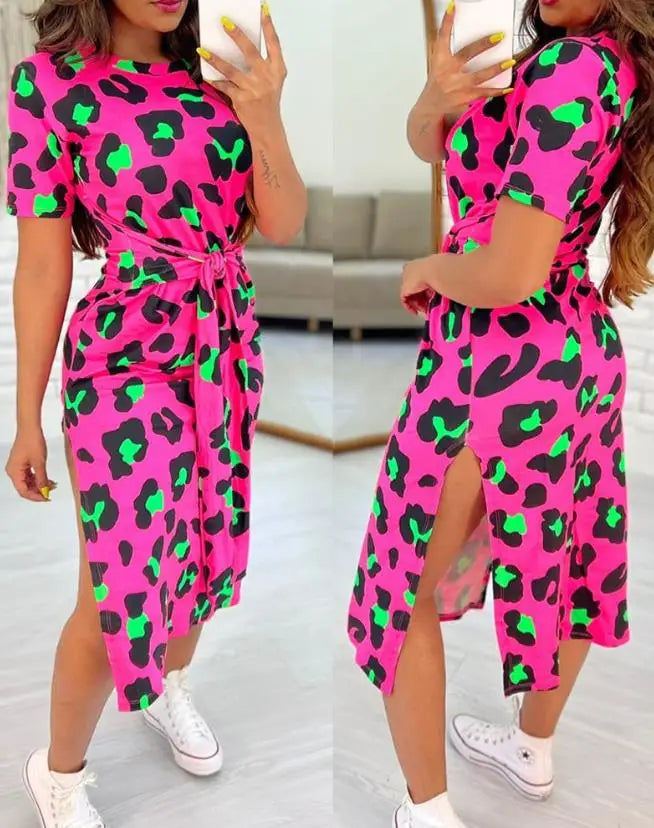 Summer Casual Sexy Elegant Dress Leopard Knotted + Slit Casual Dress. S-XL