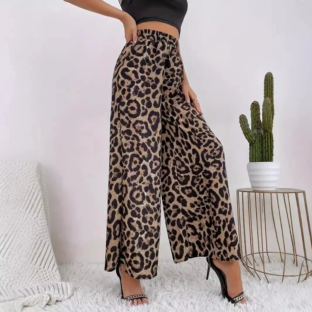 Fashionable Leopard Printed Elastic Waist Loose-Fit Casual Bell Bottoms. S-2xL