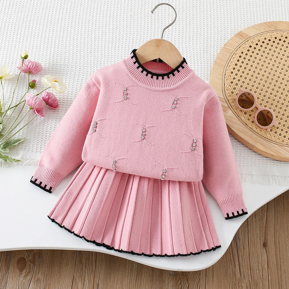 Girls' 2-Piece Beaded Sweater & Pleated Skirt Set - Autumn Outfit Ages 9M-5Y