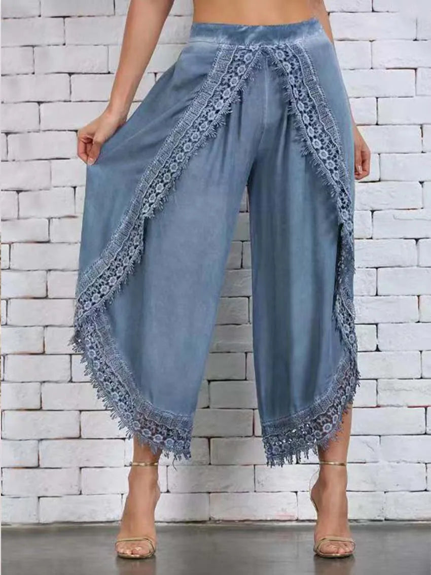 Lace Ladies Harem Pants Loose Solid Wide Leg Casual Comfortable Style. Sizes S-3XL