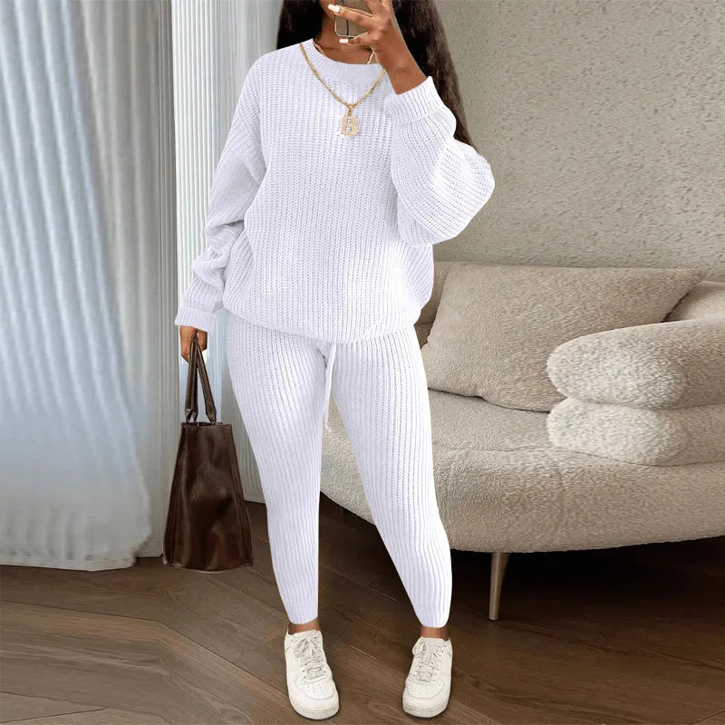 Two Piece Women Autumn Fashion Casual Solid Round Neck Pullover Loose Pit Knitted Sweater Pants Suit. S-3XL