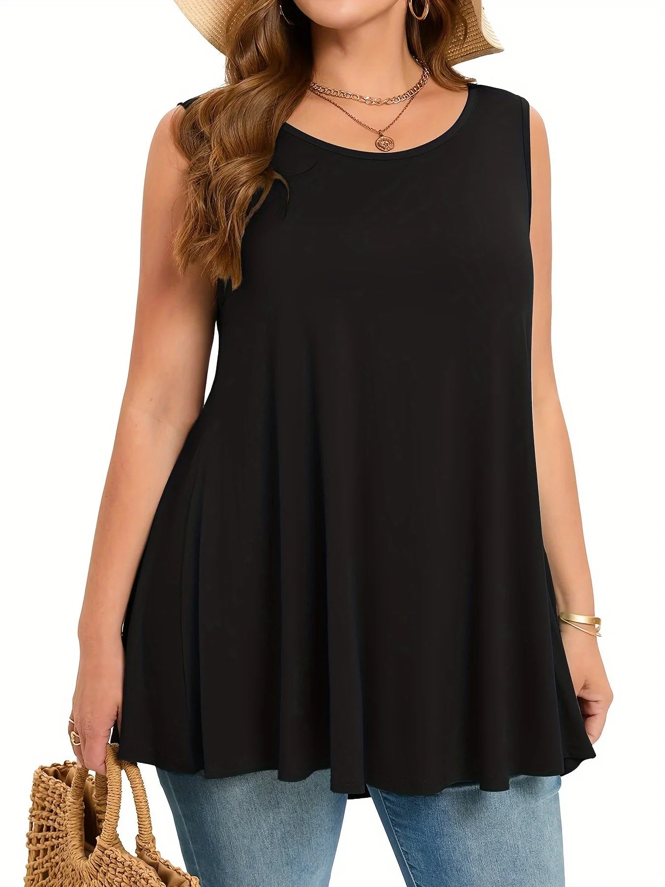 Plus-size Quality Women's Long Casual fashion Solid Colour Loose Round-Neck Sleeveless Tank