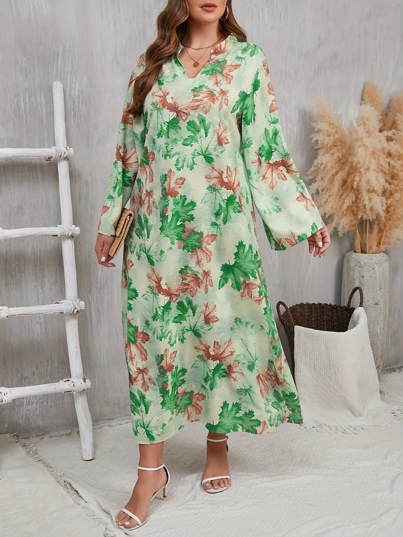 Plus Size 1XL-5XL V-neck Dress Beautiful Maple Leaf Print Loose Straight Elegant Dress