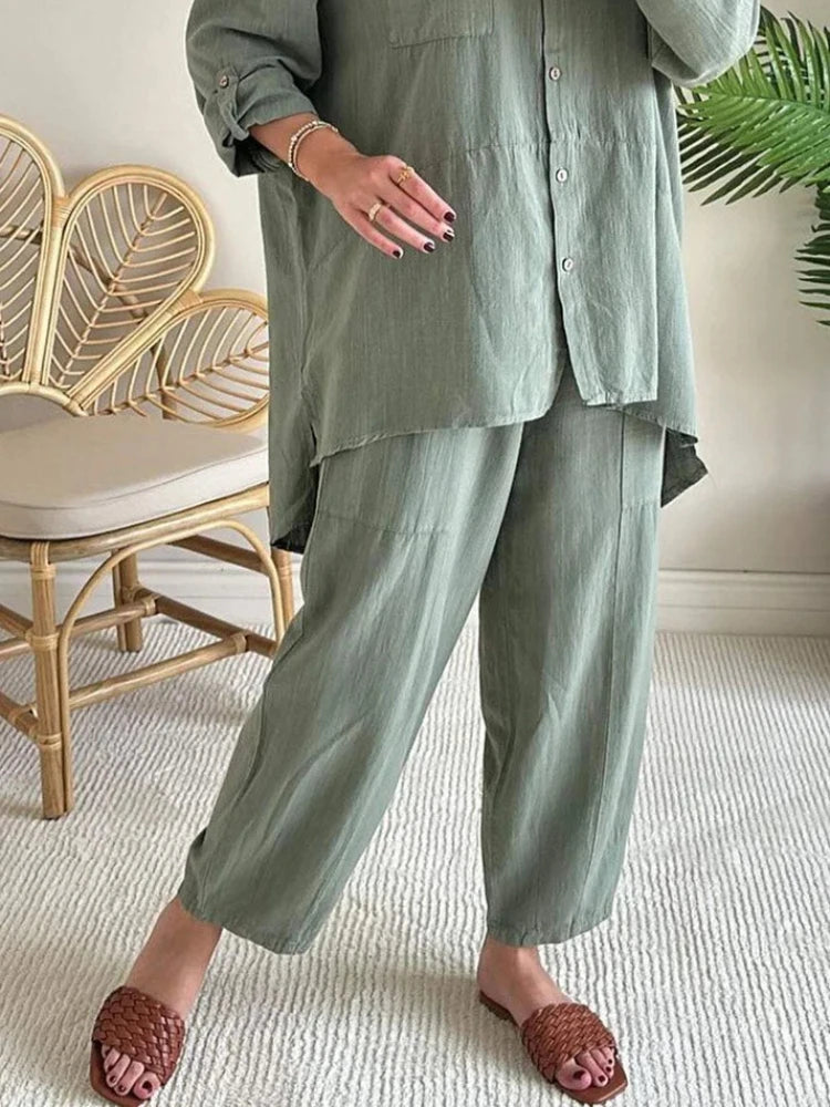 Women's Elegant Cotton Hemp Single Breasted Loose Fit Wide Leg Pants Two Piece Set. Sz: S-xxL