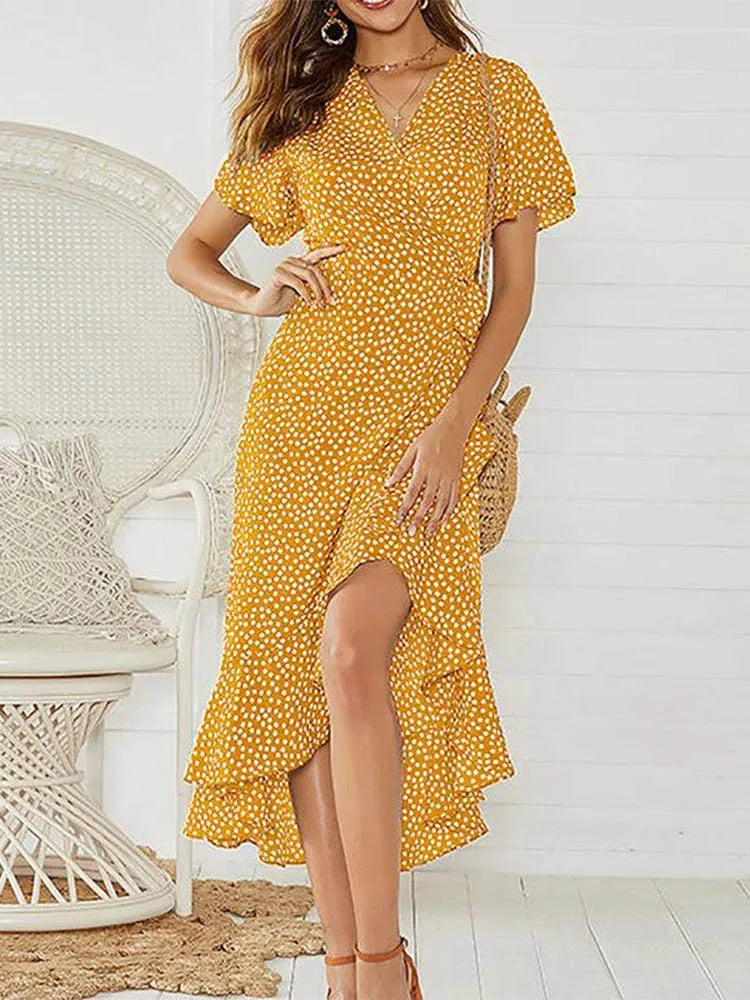 Women Maxi Dress Floral Print Boho Long Dress Casual V-Neck Slit Sexy Party Dress. S-2x