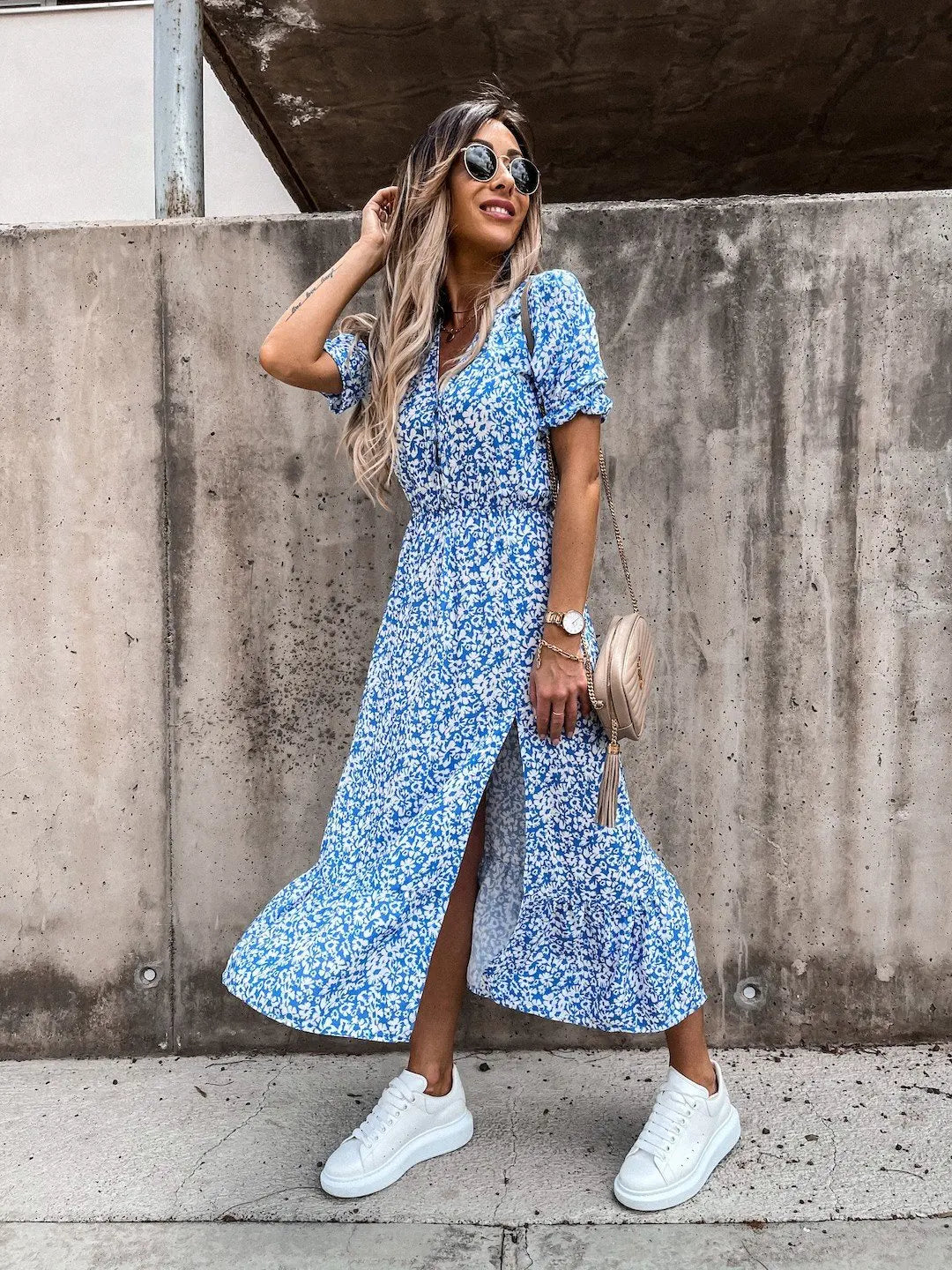 Summer Floral Print Dress V Neck Side Slit Short Sleeve Button Slim Spring Party Dress. S-3X