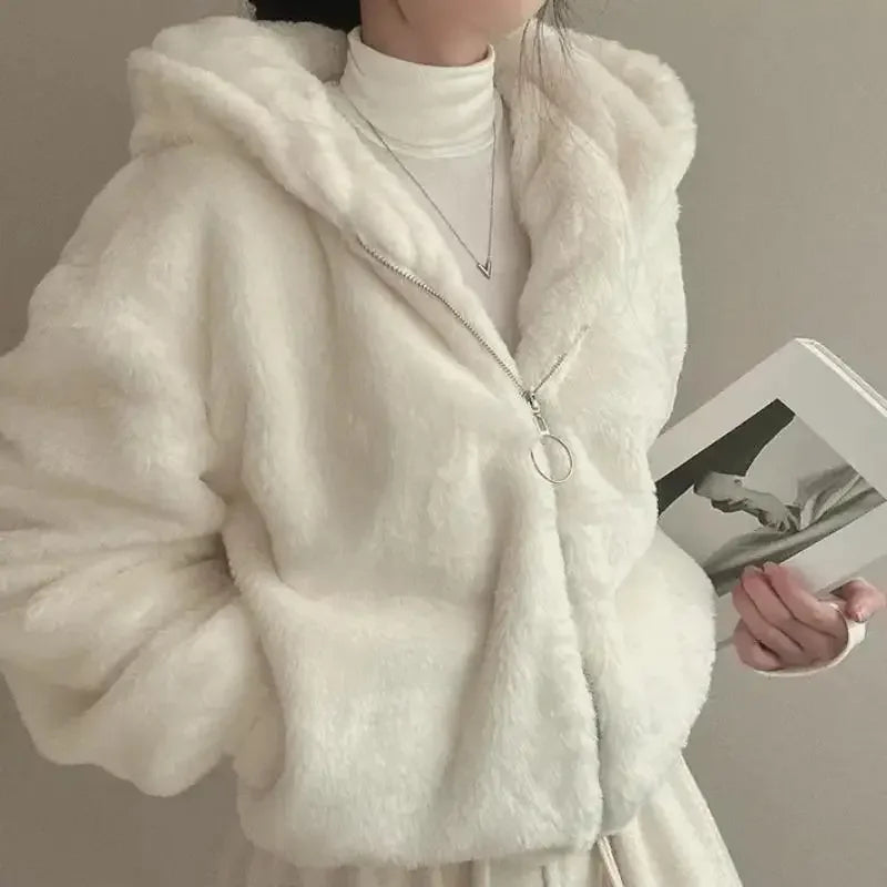 New Fashion Hooded Plush Thick Jacket Women's Padded Thickened Zipper Warm Short Cute Coat. S-XXL