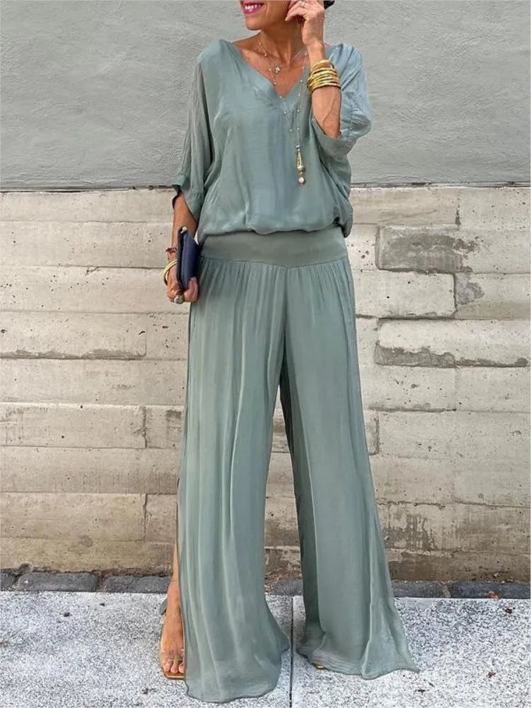 Women's Sexy V-neck Short Sleeved Top And Wide Leg Pant Set Chiffon Casual Loose Outfit. S-3X