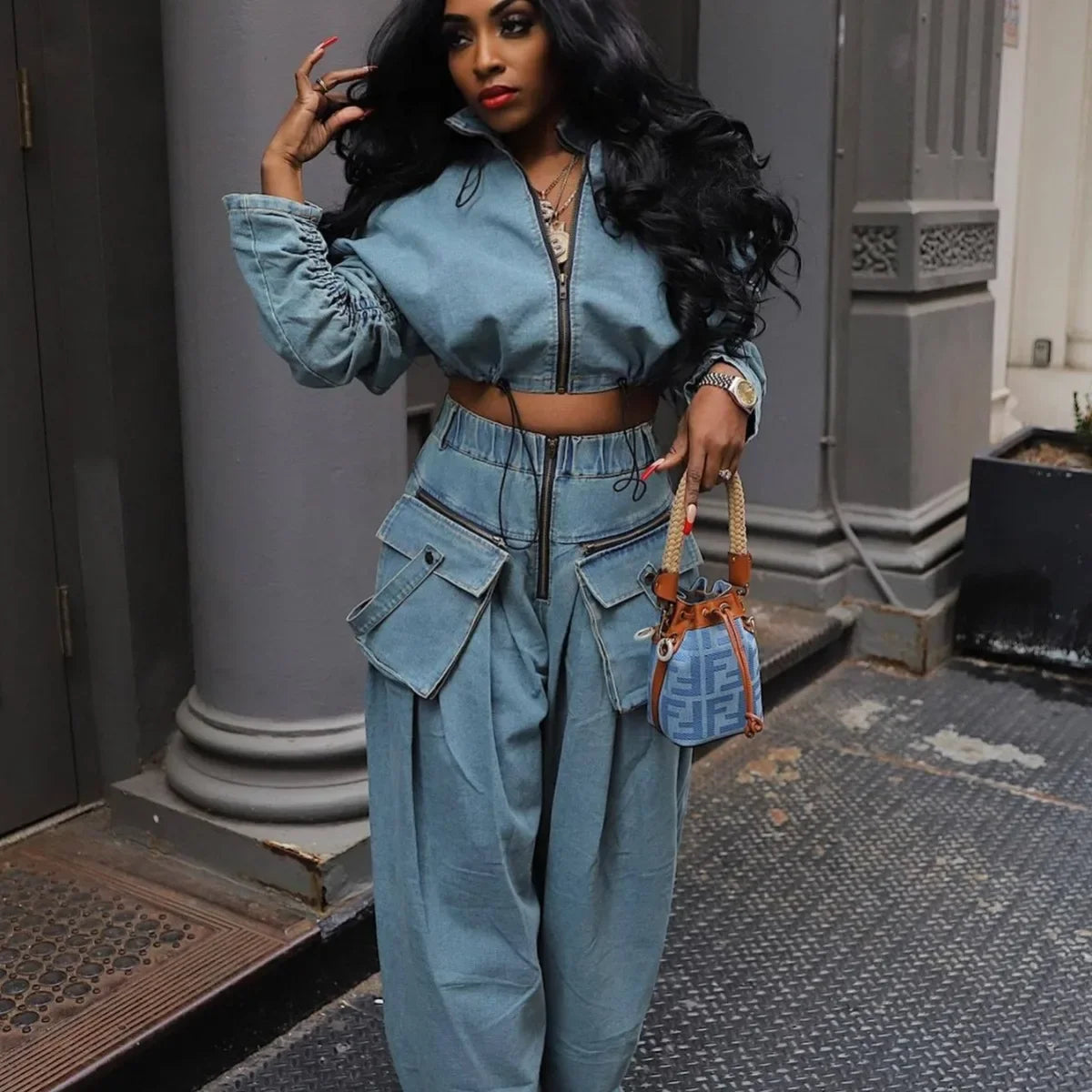 Ladies Fashion Sexy Retro Women's Casual Wide Leg Loose Heavy Duty Denim Two-piece Set. S-2x