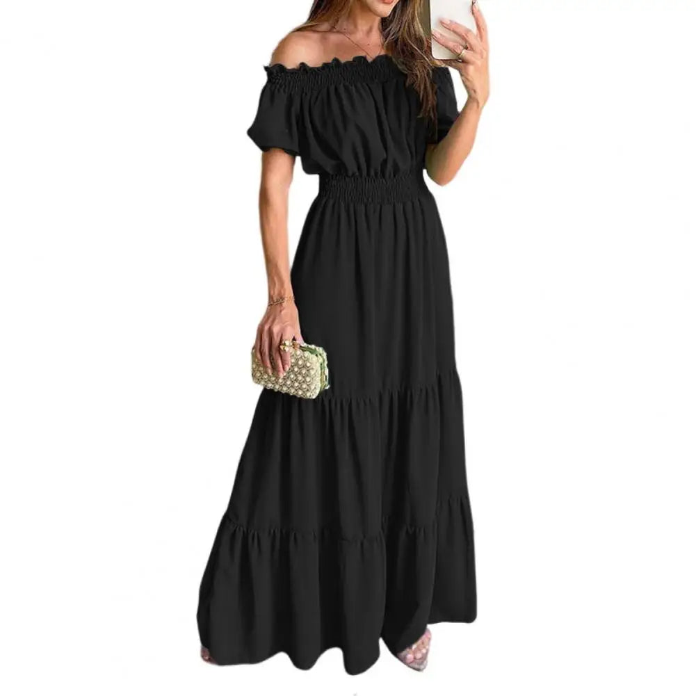 Women Dress Solid Puff Short Sleeves Elastic Waist Casual A-Line High-Waist Off Shoulder Maxi Dress.