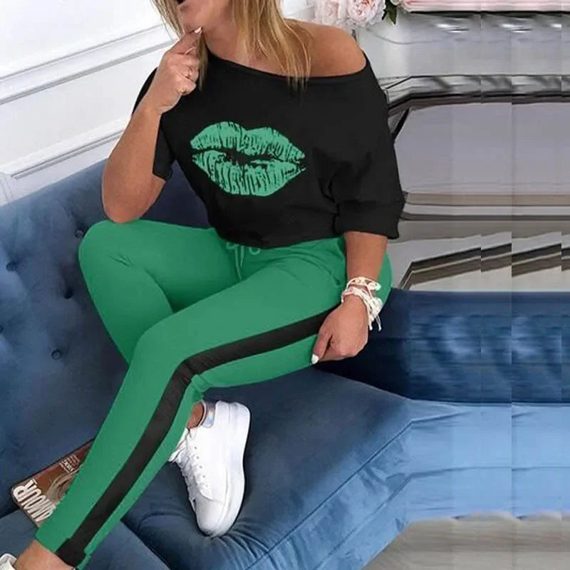 New Style Lip Print Round Neck Sports Set. S-xl
