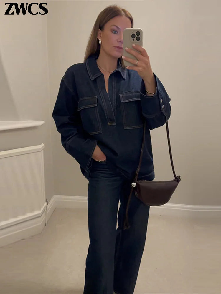 Fashion Denim Jacket Jeans Set Women Casual Lapel V-neck Full Sleeve Wide Leg Trousers 2025 New Ladies High Street Outfit