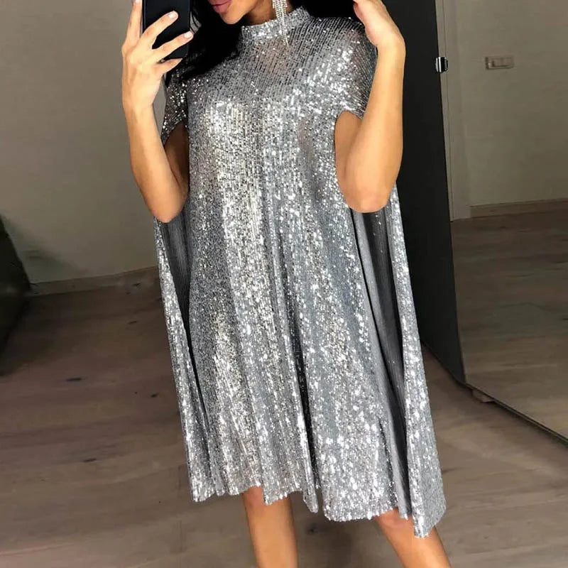 Sexy Party Sequin Glitter Cloak Sleeve Elegant Woman Dress 2025. S-2X