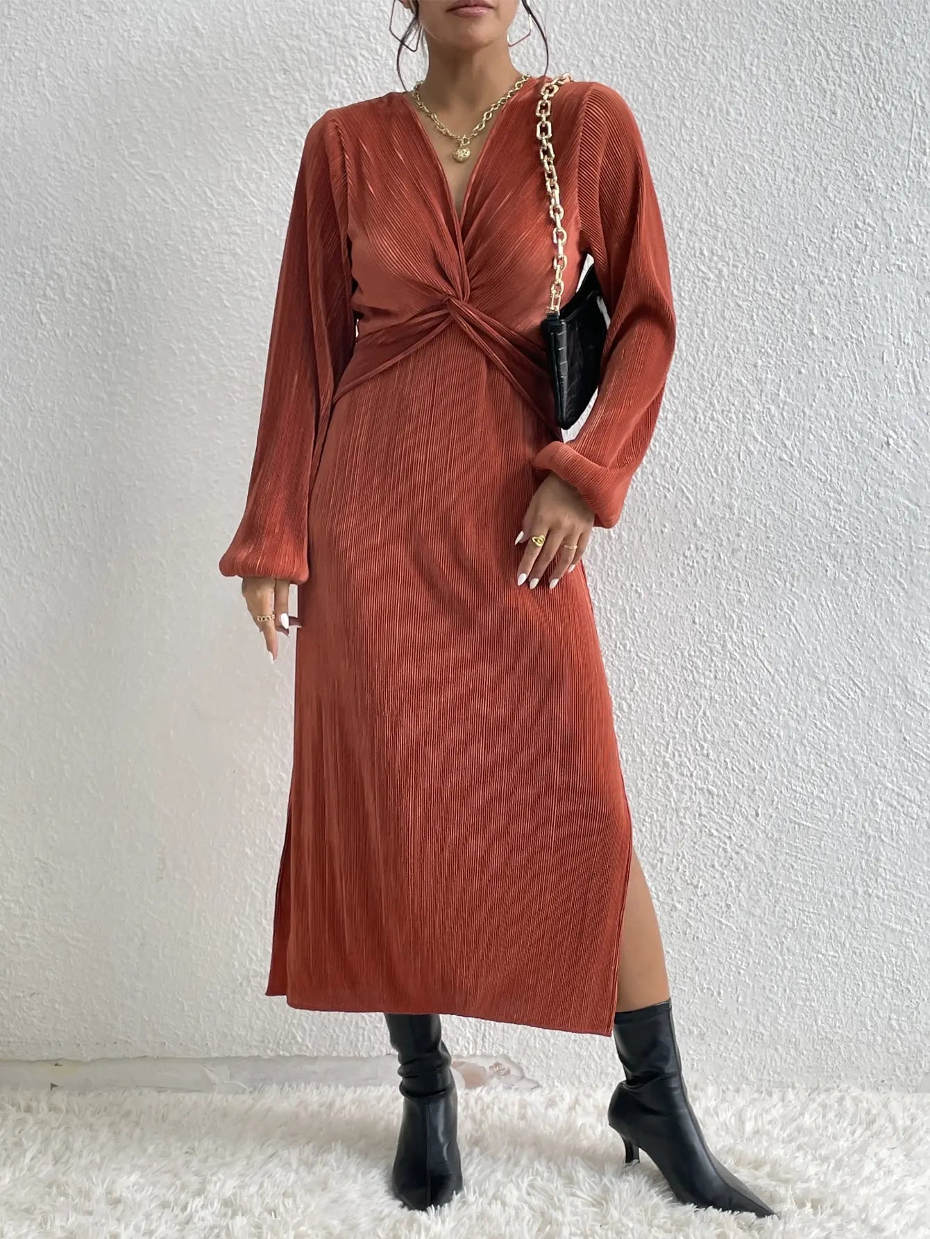Midi Dress Long Sleeve Party Dress Front Cross Sexy Elegant .
