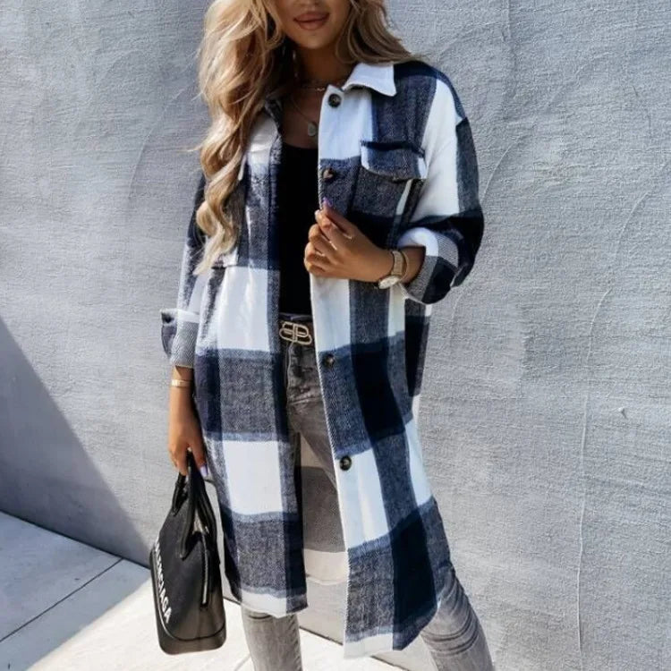 New Women's Loose Casual and Versatile Mid-length Plaid Shirt. S-2x