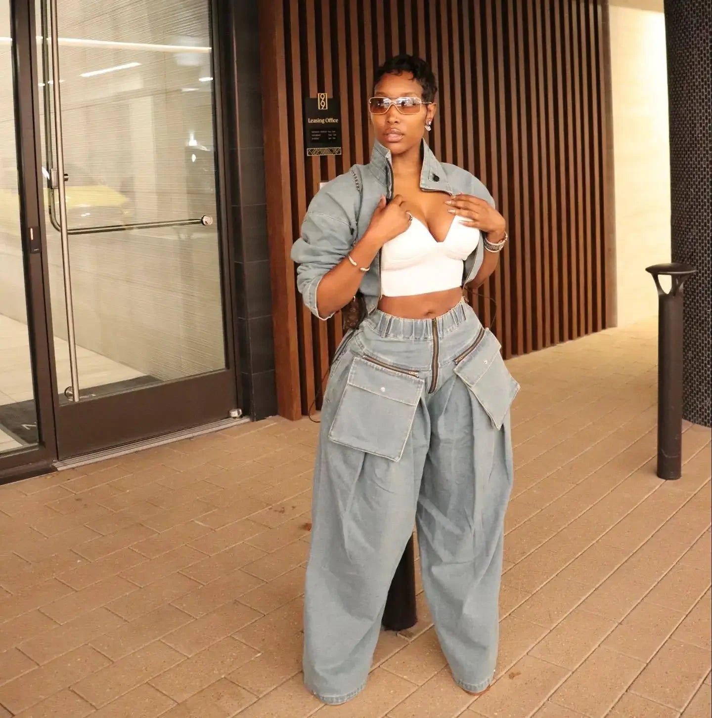 Ladies Fashion Sexy Retro Women's Casual Wide Leg Loose Heavy Duty Denim Two-piece Set. S-2x