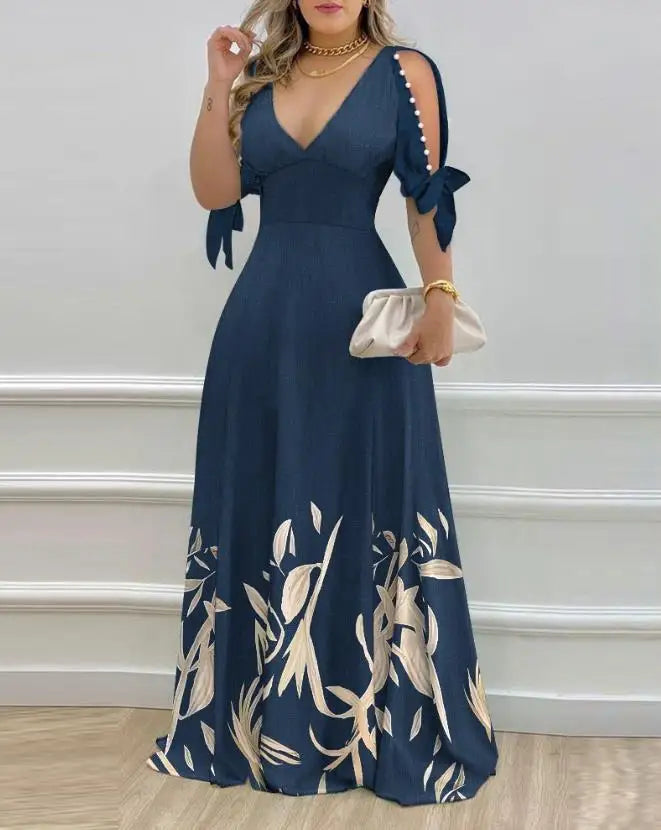 Women's V Neck Dress 2025 Split Sleeve Pearls Decor Maxi Dress. S-XL