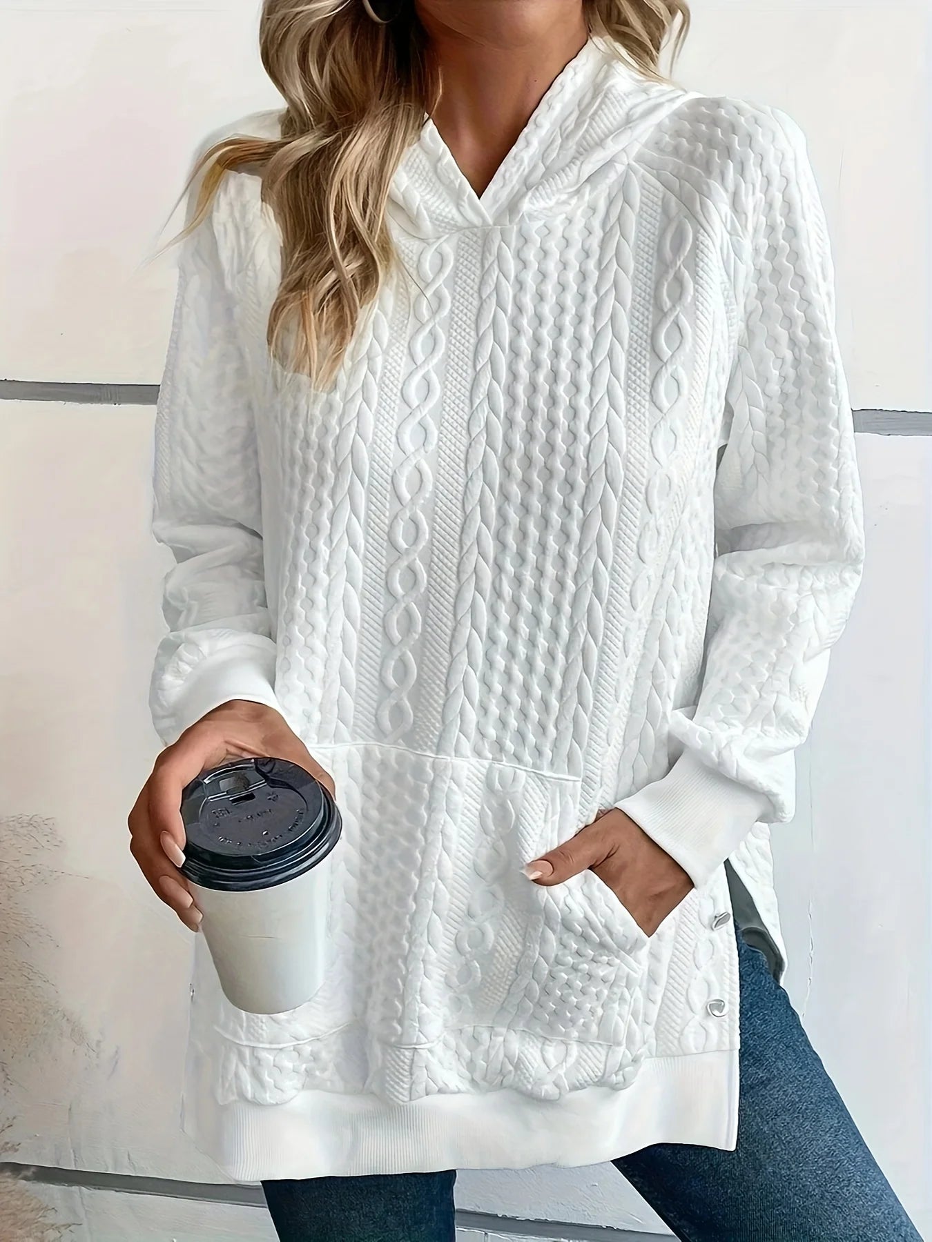 Plus Size Casual Sweatshirt, Women's Plus Solid Cable Long Sleeve Button Hoodie With Pockets