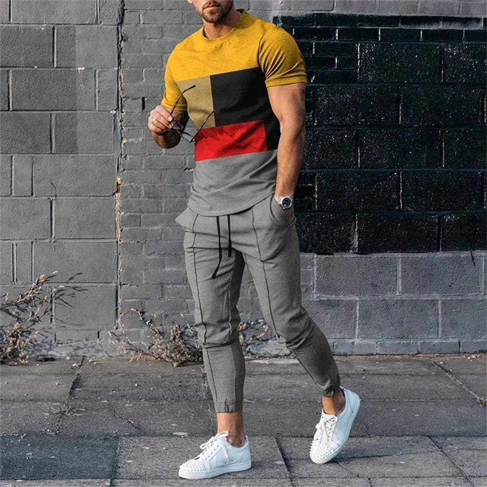 Men's 2 Piece Set Short Sleeve Sportswear Fashion Men's Clothing Trousers Casual O-Neck. M-5X Tops Pants Suit.