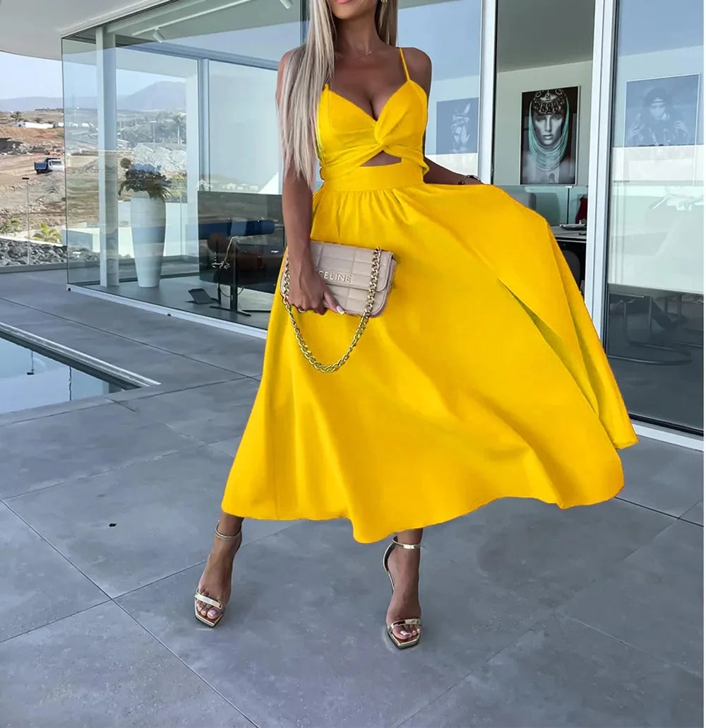 New Style Women's Sexy elegant V Neck Open-Back Medium Length Dress.
