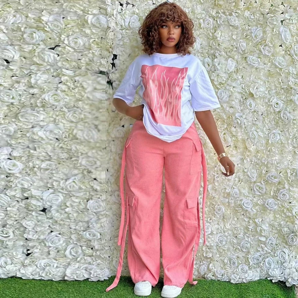 2 Pieces Women's Spring Summer Pocket Pullover Casual Short Sleeve Tops And Pant Suit.