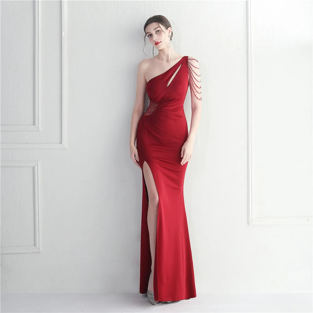 Sexy Slit Dress One Shoulder Soft Satin Pleated Beading Long Evening Party Maxi Dress