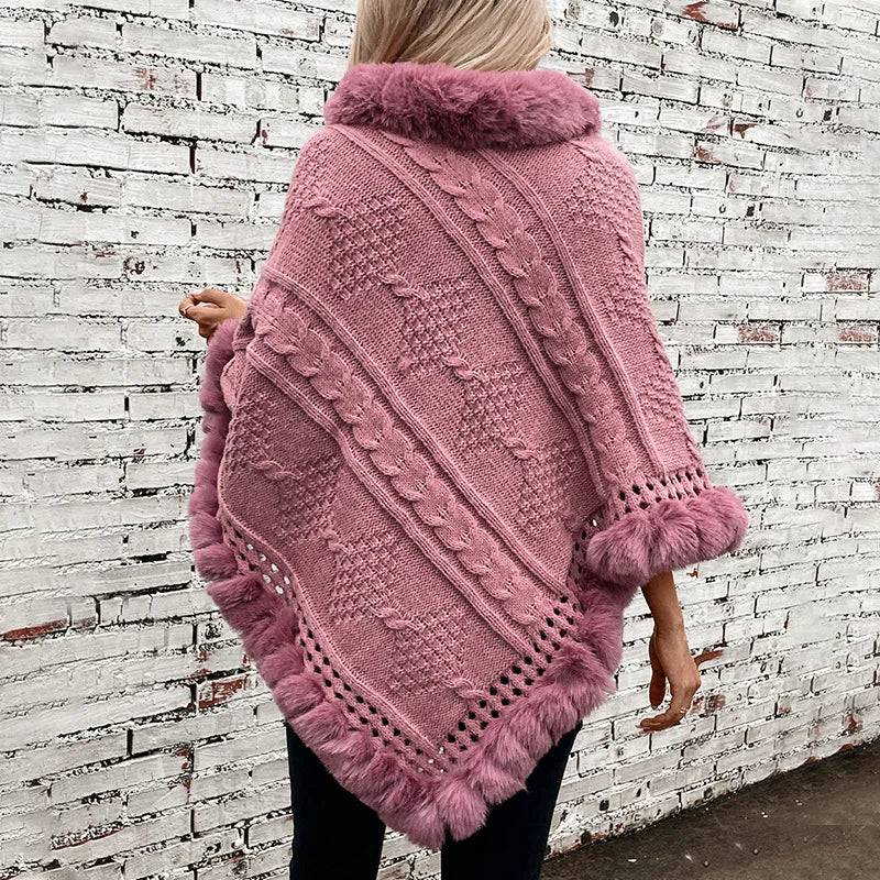 Women's Winter Women's Loose Plus Size Warm Imitation Rabbit Fur Collar Cloak Coarse Dough Twists Sweater Coat