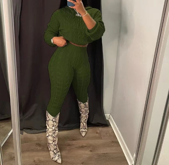 2 Piece Fashion Long Sleeve Cable Knit Hooded Sweater & Pants Suit.