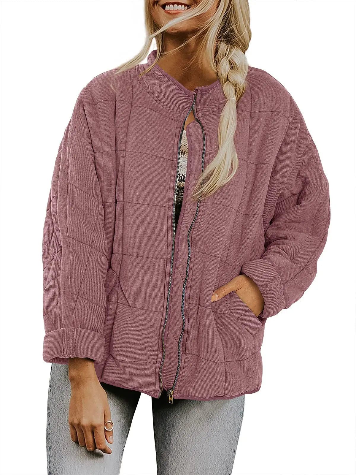 Solid Colour Stand-up Neck Cotton Jacket New Loose Pocket Long-sleeved. S-2X