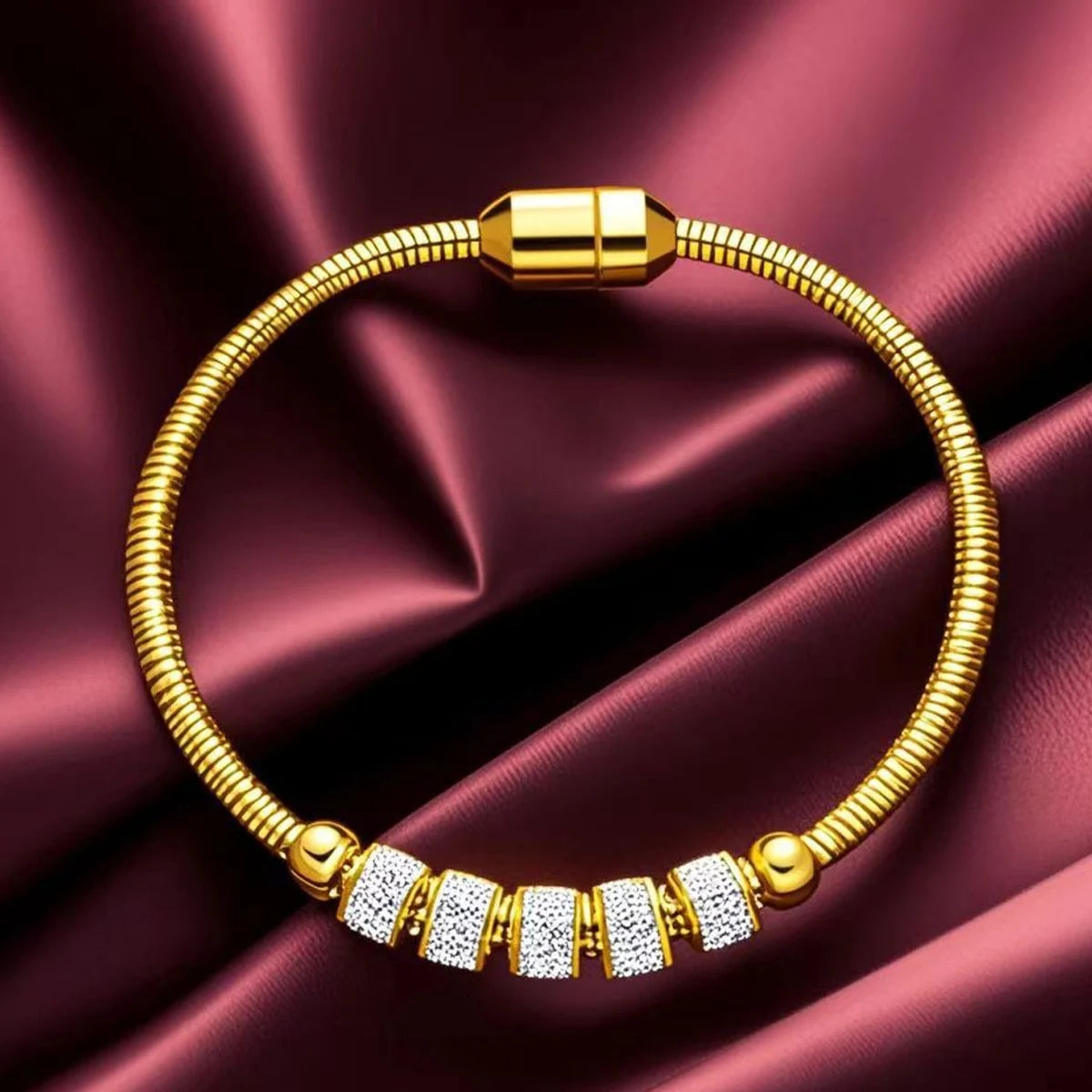316L Stainless Steel Gold Color Rhinestone Beaded Bracelet For Women Fashion Ladies Magnet Clasp Bangle.