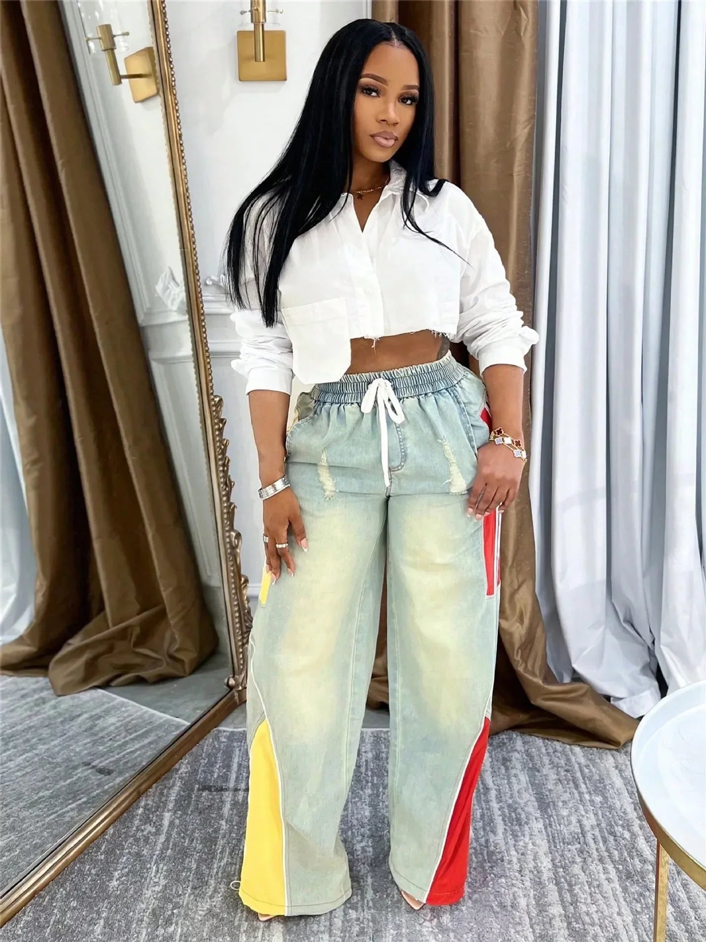 Women Straight Drawstring Waist Wide Leg Jeans 2025 Denim Patchwork Sporty Trousers. S-2x