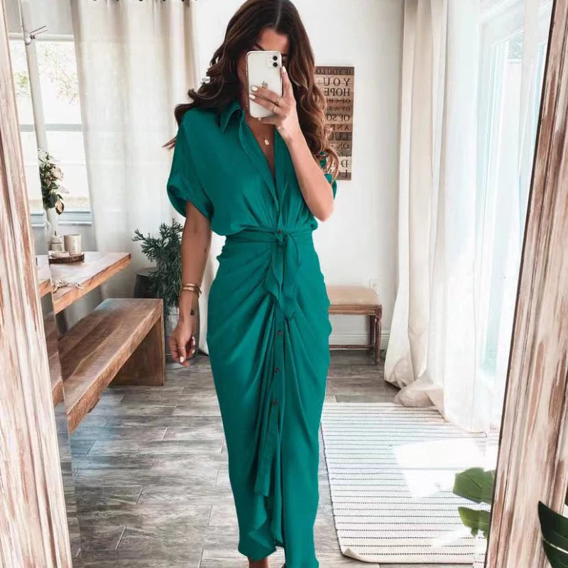 Summer Fashion Printed Short Sleeve Dress Vintage Waist Tie-up Button Bandage Long Dress. S-3x