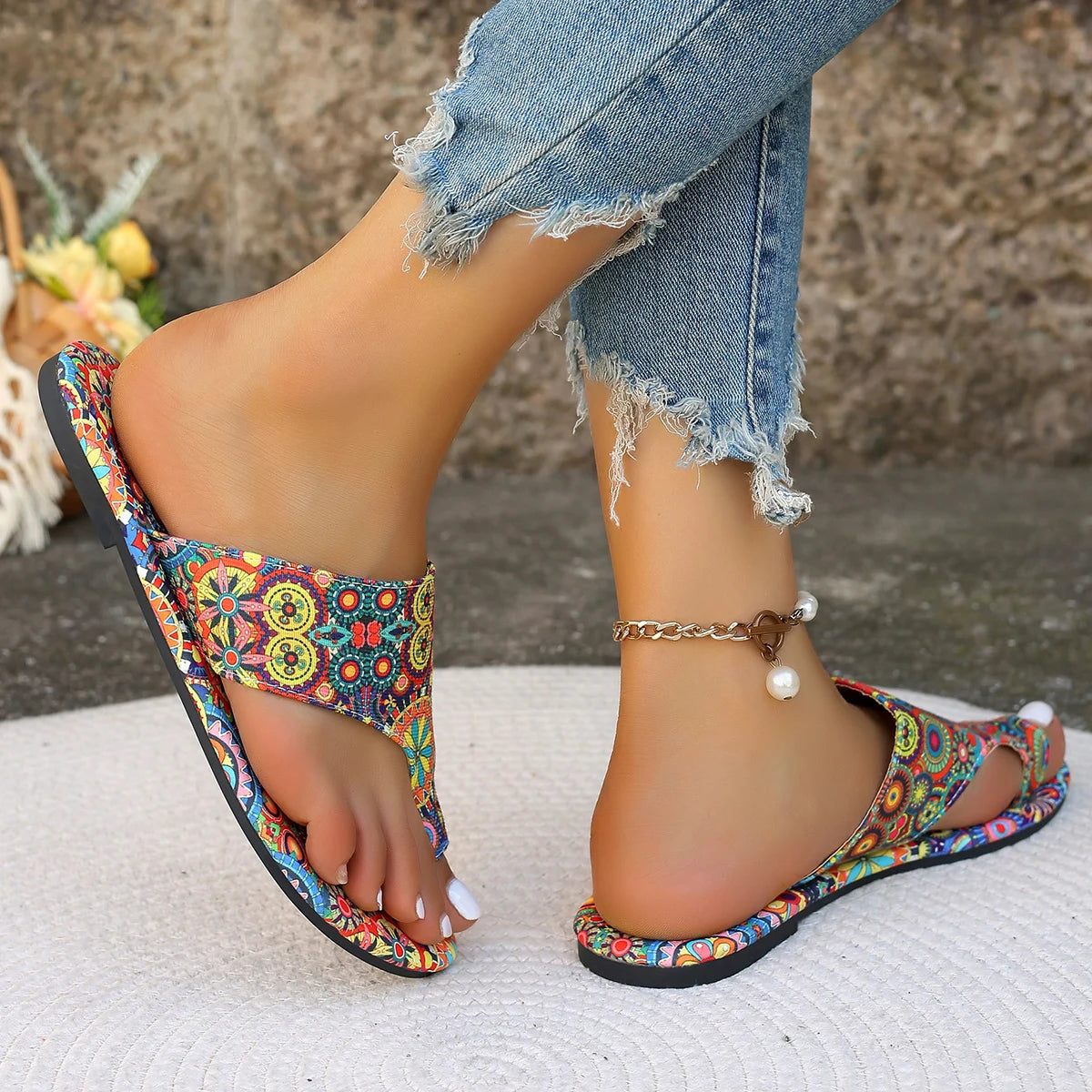 Women Bohemian Flower Pattern Casual Lightweight Slides