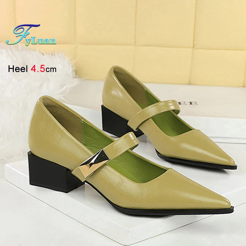 Retro Beautiful Italian Style 4.5cm Pumps Low Heeled Pointed Women Shallow Mouth Metal Buckle Pumps Thick Heel