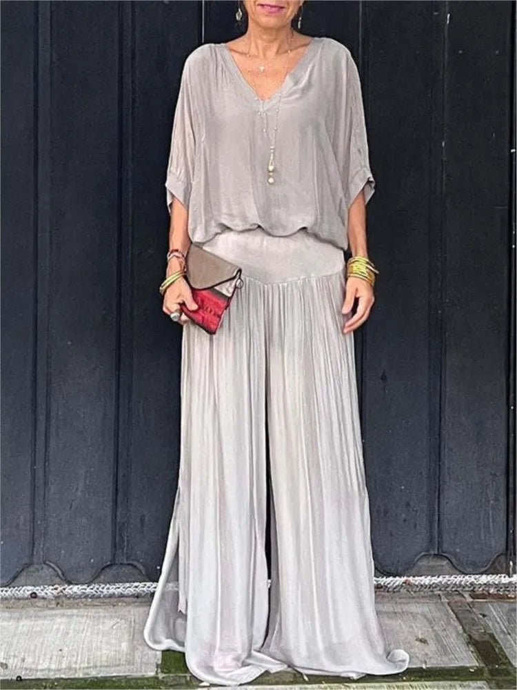 Women's Sexy V-neck Short Sleeved Top And Wide Leg Pant Set Chiffon Casual Loose Outfit. S-3X