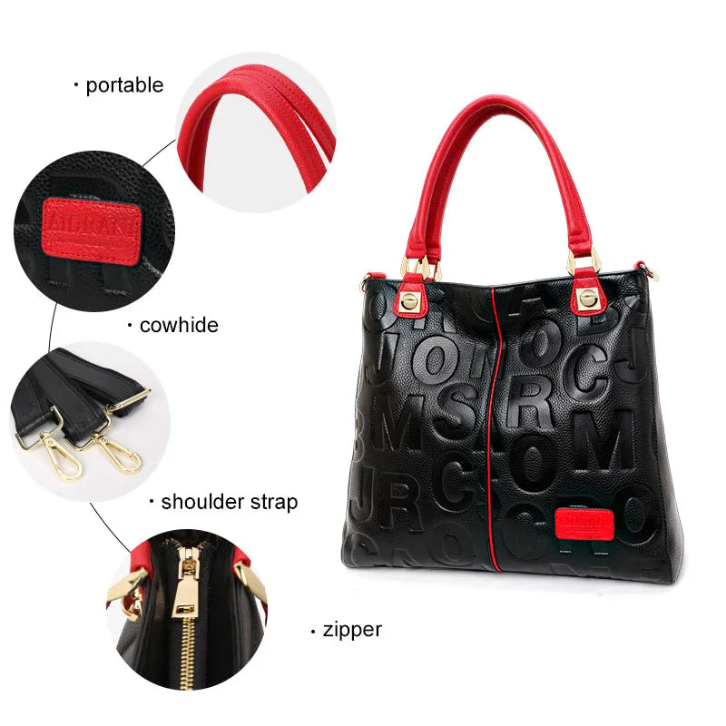 New Women's Cowhide Tote Bag Fashionable and Versatile Large Capacity Letter Printed Handheld Shoulder Bag