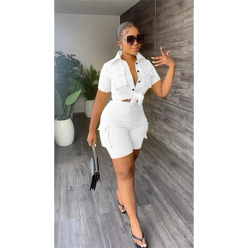 Ladies Two Piece Set For Summer, Pockets Short Sleeve Button-Up Shirt And Short Set. S-2x