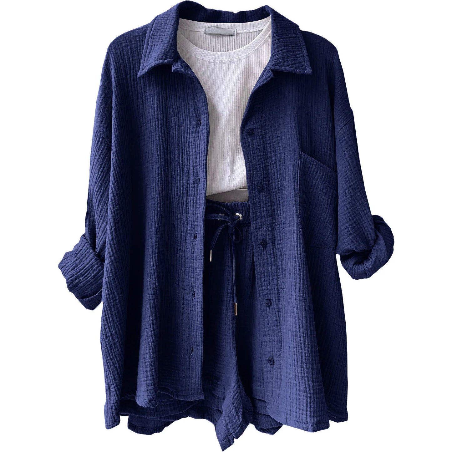 Ladies Shorts And Single Breasted Cardigan Blouse Two Piece Shorts And Loose Button Up. S-2x
