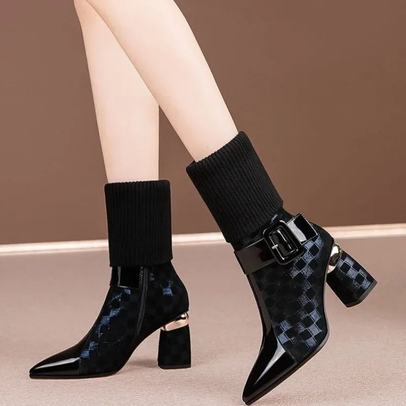 New Style Thick Heel Stretch Fabric Pointed Toe Zipper Fashion Boots