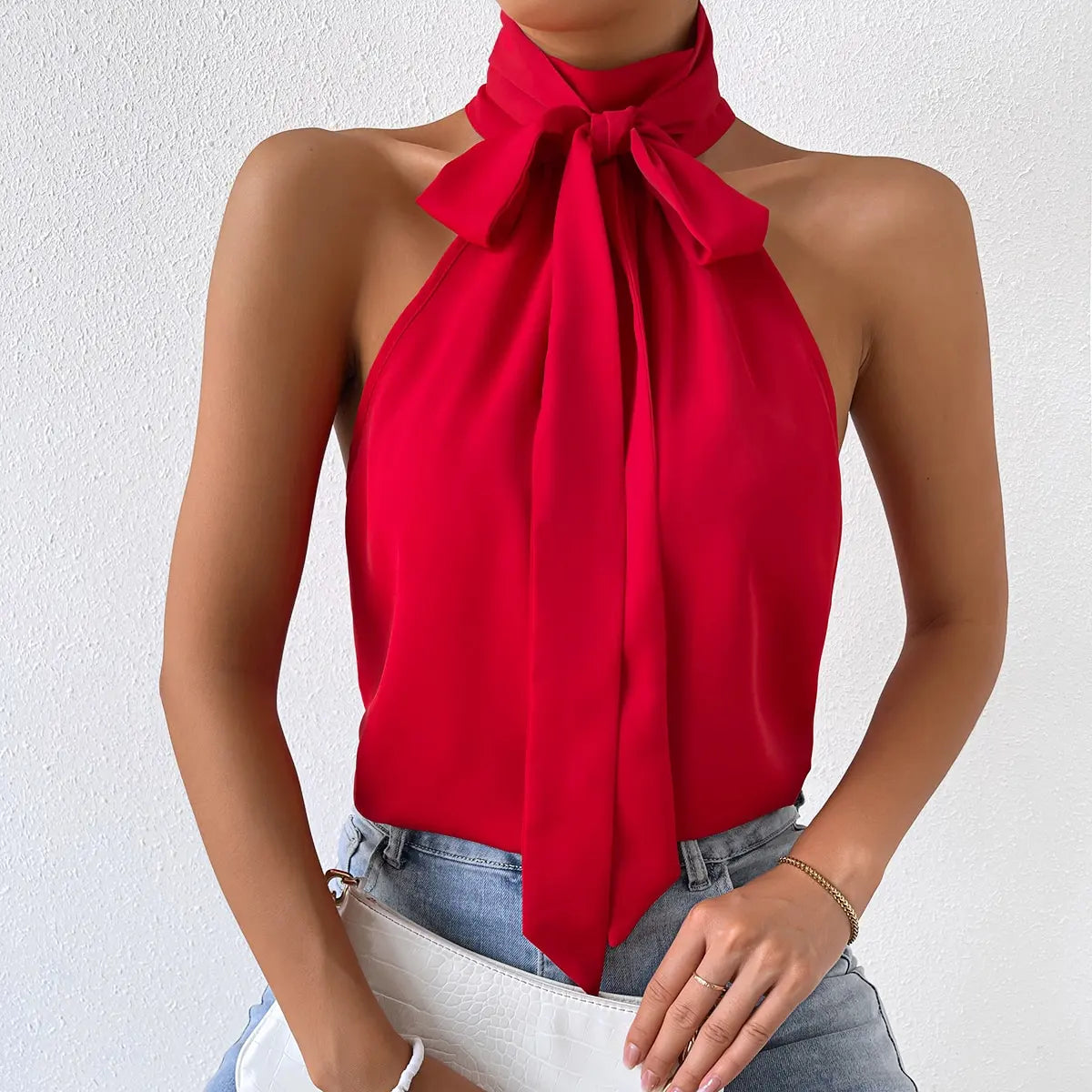 Stylish and elegant women's halter sleeveless knot off-the-shoulder sexy women's shirt. XS-L