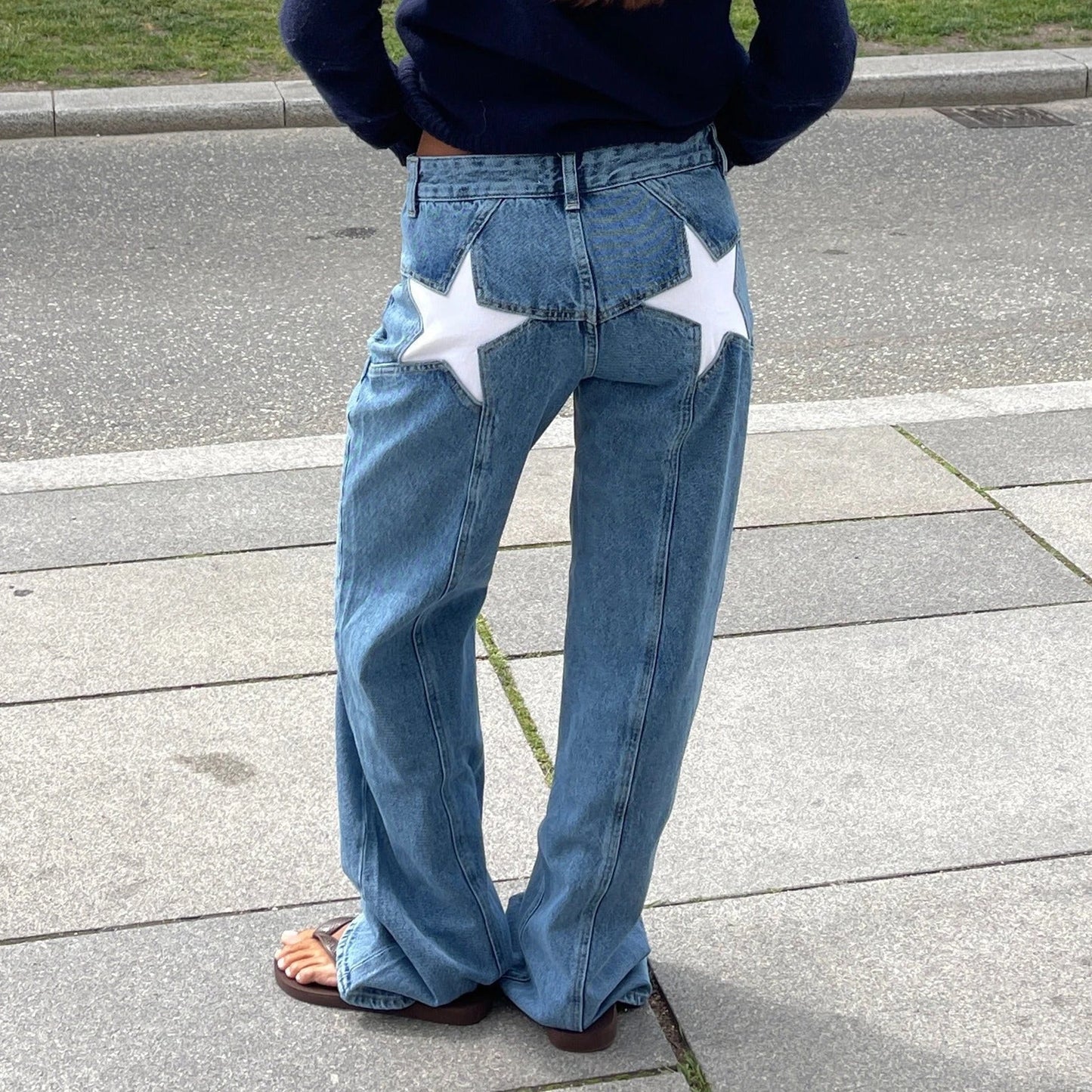 Women's Star Pattern Wide Leg Jeans - Loose Fit Casual Denim Pants