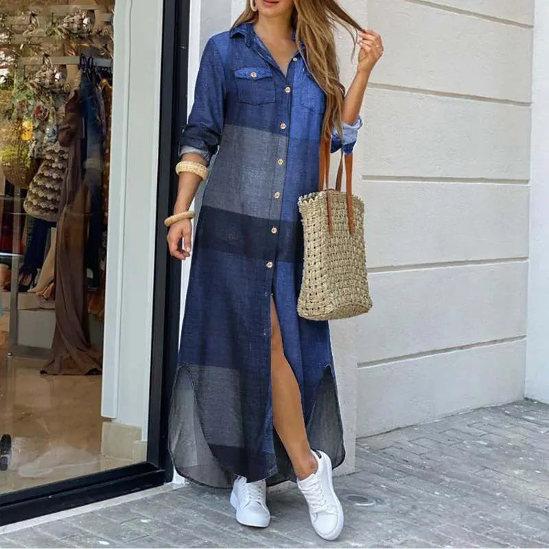 Women's Fashion Plaid Printed Polo Neck Shirt Dress Elegant Denim Long Sleeve Button Pocket Loose Long Dress. S-3X