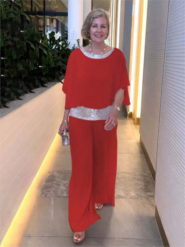 Fashion Sequin Splicing Chiffon Bat Wing Short Sleeved Blouse Wide Leg Pants Elegant 2 Piece Set. S-3xL