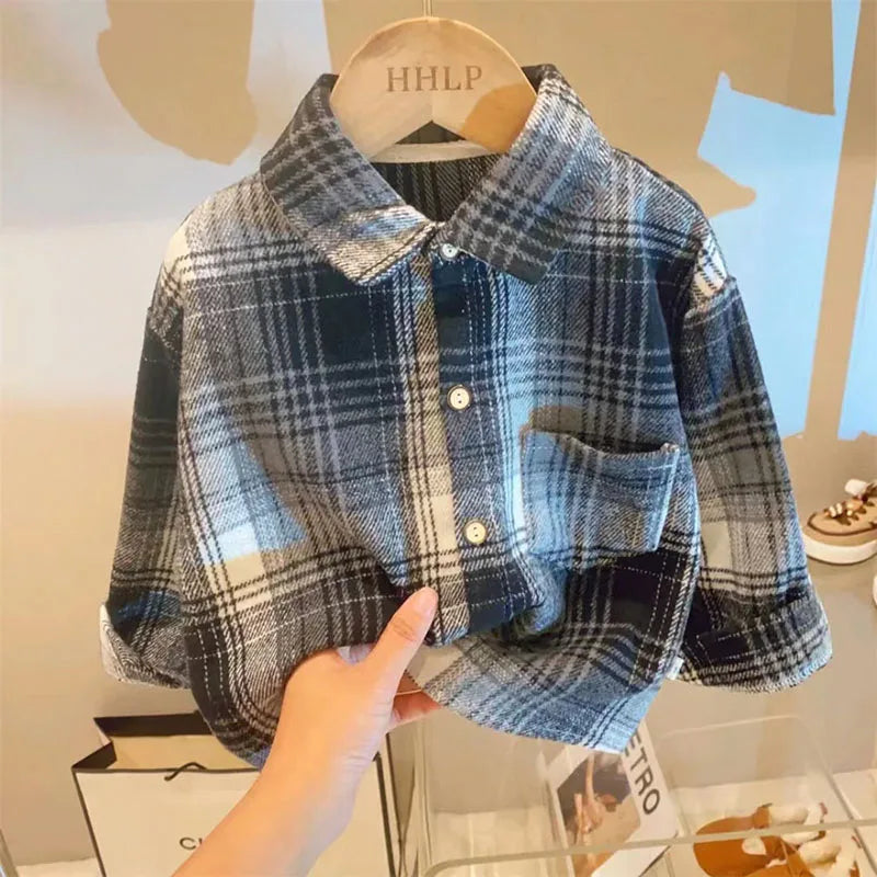 Autumn Children's clothes Unisex Casual Retro Lapel Shirt Long Sleeves Single-breasted Plaid Shirts.