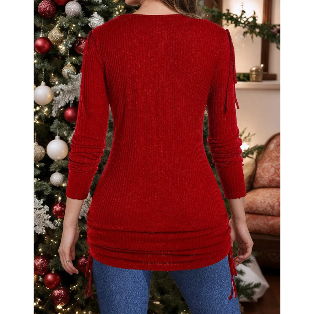Women Plus Size Elegant T-Shirt V-Neck Stripe High Elastic Lace-up Long Sleeves Spring Slim Office Ladies Casual Streetwear Tees